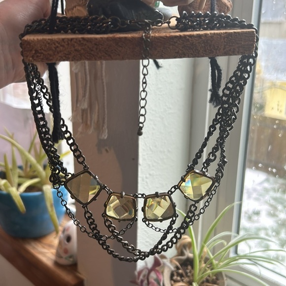 Goth Necklace Yellow Moody Glass and Dark Metal Three Tier Adjustable Stained - Picture 1 of 5